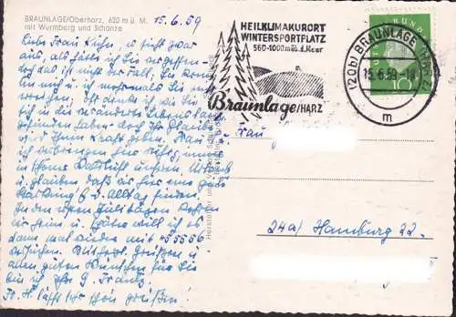 AK Braunlage mit Wurmberg und Schanze, Kühe, gelaufen 1959
