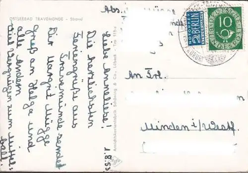 AK Travemünde, Strand, Strandkörbe, gelaufen 1953