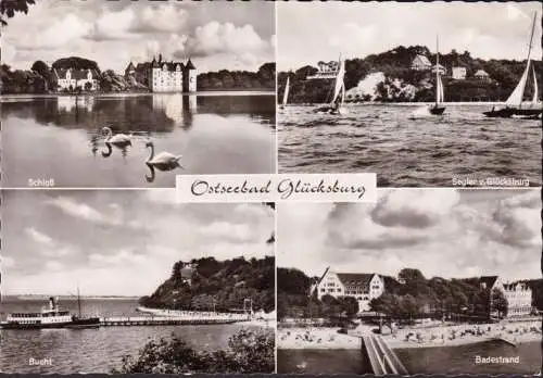 AK Glücksburg, Bucht, Schiff, Badestrand, Segelboote, gelaufen 1961
