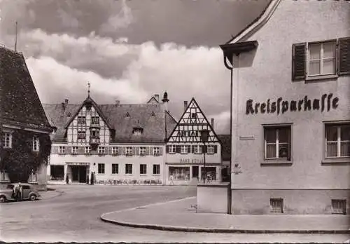 AK Langenau, Marktplatz, Kreissparkasse, Hotel Krone, Hans Bühler, VW Käfer, gelaufen 1961