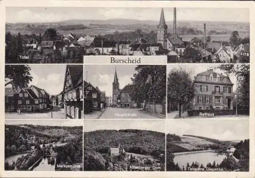 AK Burscheid, Hauptstraße, Rathaus, Kirche, Markusmühle, gelaufen 1952