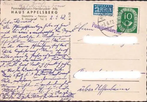 AK Pommelsbrunn, Haus Appelsberg, gelaufen 1952