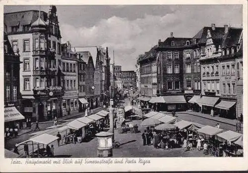 AK Trier, Hauptmarkt, Cigarren Haus, Lederwaren, Dom Cafe, Hotel, gelaufen 1954