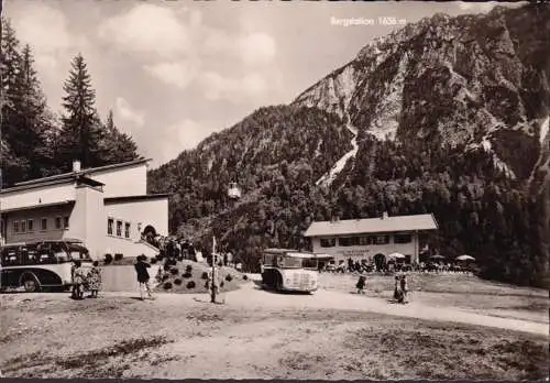 AK Ruhpolding, Rauschbergbahn, Talstation, Reisebusse, gelaufen 1955