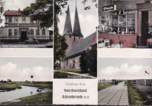 AK Altenbruch, Hotel Deutsches Haus, Gastraum, Nicoleikirche, Lechtturm, Strand, gelaufen 1959