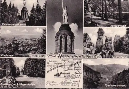 AK Detmold, le monument d'Hermann, Hiddesen, Bismarckstein, Donoperteich, couru 1962