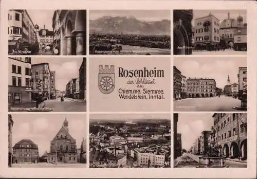 AK Rosenheim, Mittertor, Ludwigsplatz, Kaiserstraße, Fischbrunnen, gelaufen 1957