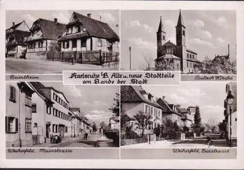 AK Karlsruhe, Beiertheim, Mainstraße, Enzstraße, Kirche, gelaufen 1958