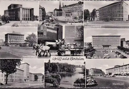AK Bochum, Knappschaft,Schlegel Brauerei, Stadtbad, Landgericht, gelaufen 1960