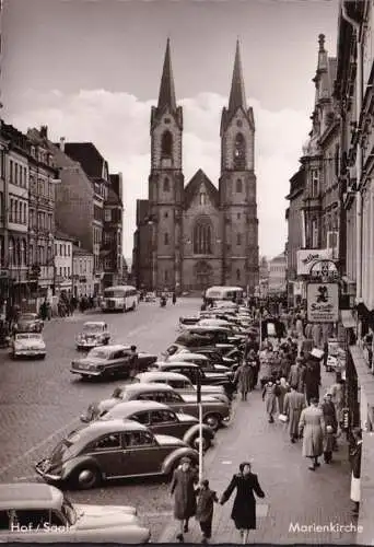 AK Hof, Marienkirche, Sarotti, Bayer, VW Käfer, Bus, gelaufen 1963
