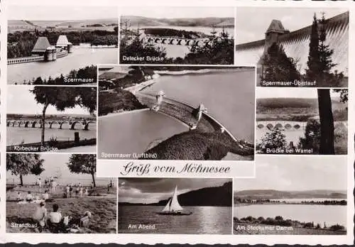 AK Möhnesee, Sperrmauer, Fliegeraufnahme, Brücke, Strand, ungelaufen-datiert 1961