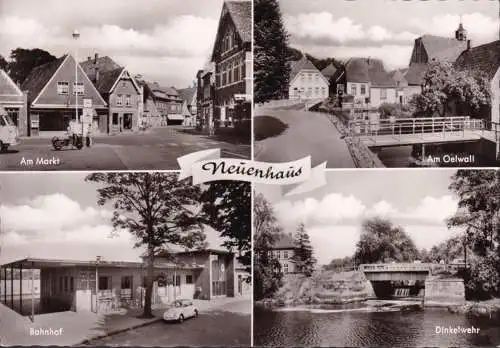 AK Neuenhaus, Am Markt, Bahnhof, Gaststätte Rose, Am Oelwall, gelaufen 1966