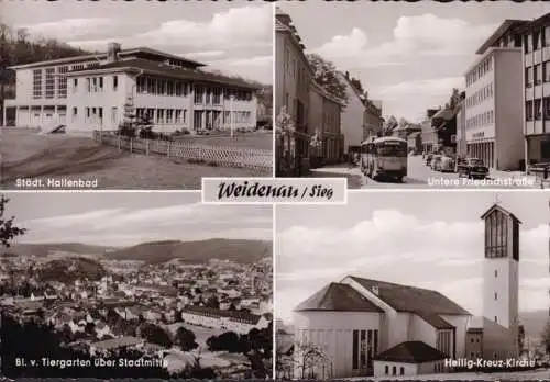 AK Weidenau, Hallenbad, Untere Friedrichstraße, Bus, Kirche, gelaufen 1961