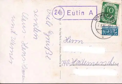 AK Eutin, Voss Haus, VW Käfer, Pavillon, Rosengarten, Seepromenade, gelaufen 1953