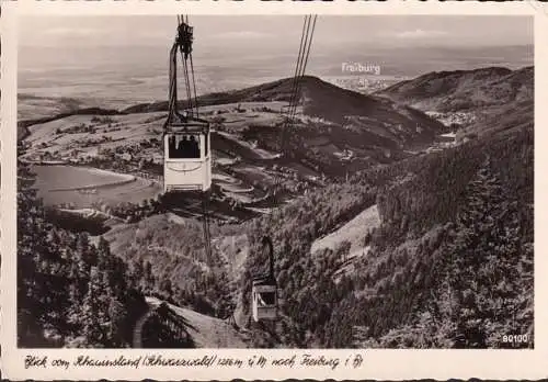 AK Freiburg, Blick vom Schauinsland nach Freiburg, Bergbahn, Gondeln, gelaufen 1952