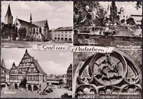 AK Paderborn, Rathaus, Dom, Paderquellgebiet, gelaufen 1959