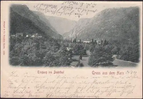 AK Gruss aus dem Harz, Eingang ins Bodetal, Bahnpost, gelaufen 1899