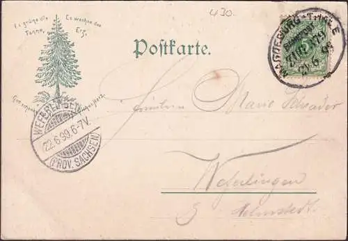 AK Gruss aus dem Harz, Eingang ins Bodetal, Bahnpost, gelaufen 1899