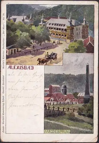 AK Alexisbad, Ortsansicht, Magdesprung, Künstler AK, Bahnpost, gelaufen 1902