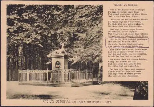 AK Thale, Pfeils Denkmal, Gedicht zum Denkmal, ungelaufen-datiert 1932