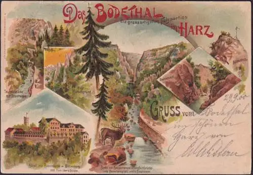 AK Das Bodetal im Harz, Hotel Rosstrappe, Teufelsbrücke, Bodekessel, Kronentempel, gelaufen 1900