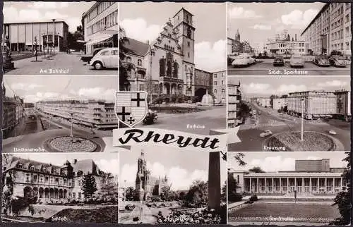AK Rheydt, Am Bahnhof, Rathaus, Sparkasse, Stadthalle, gelaufen 1956