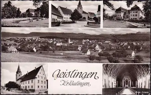 AK Geislingen, Schwimmbad, Dorfpartie, Pfarrhaus, gelaufen 1959