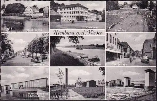 AK Nienburg, Kreishaus, Stadtbad, Langestraße, Georgstraße, Sperrwerk, gelaufen 1959
