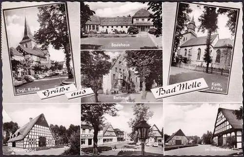 AK Bad Melle, Rathaus, Badehaus, Marktpartie, Kirchen, gelaufen 1965