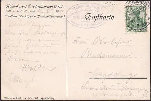 AK Friedrichsbrunn, Oberklippe mit Brocken Panorama, gelaufen 1911