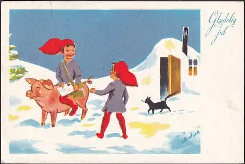 AK Glaedelig Jul, Zwerg mit Schwein als Postbote, gelaufen 1956