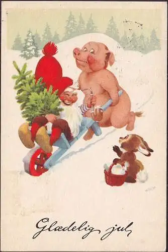 AK Glaedelig Jul, Schwein mit Schubkarre und Zwerg, gelaufen 1956