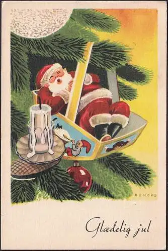 AK Glaedelig Jul, Père Noël dort dans l'arbre de Noël, Artiste Bencke, couru en 1958