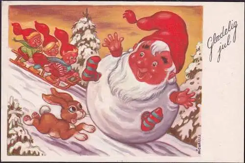 AK Glaedelig Jul, Zwerg als Schneeball, zwerge auf Schlitten, gelaufen 1968