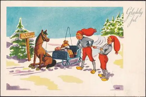 AK Glaedelig Jul, Nains avec traîneau de cheval, cadeaux, couru 1968