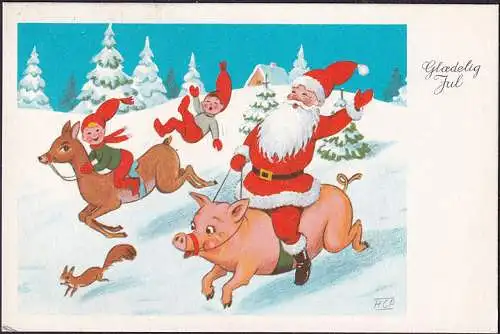 AK Glaedelig Jul, Père Noël monte sur le cochon, nain sur un cerf, couru en 1968