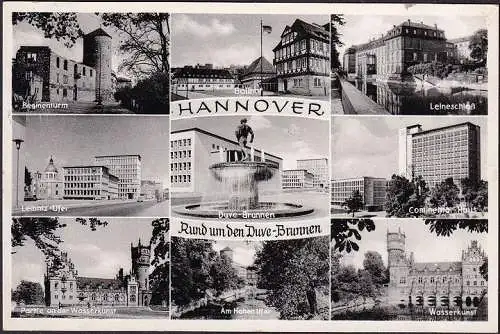 AK Hannover, Ballhof, Leibnitz Ufer, Duve Brunnen, Continental Haus, gelaufen 1957