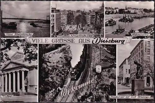 AK Duisburg, Pont du Rhin, Partie du port, Königstraße, Opéra, couru en 1959