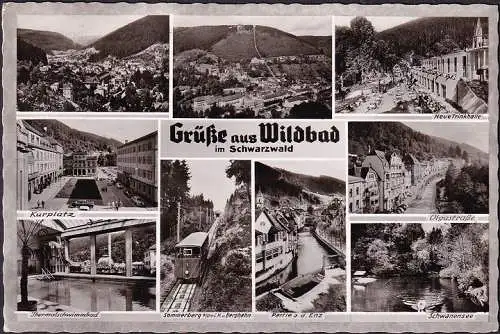 AK Bad Wildbad, Kurpark, Trinkhalle, Schwimmbad, Olgastraße, gelaufen 1962