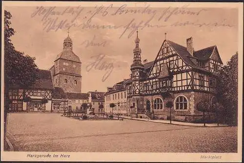 AK Harzgerode, Marktplatz, Rathaus, Kirche, gelaufen 1929