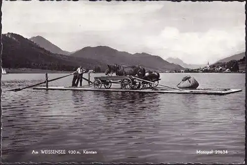 AK Am Weissensee, Pferdewagen auf Floss, Mehrfachfrankatur, gelaufen 1959