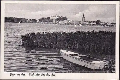 AK Plön, Blick über den Großen See, Stadtansicht, Boot, gelaufen 1958