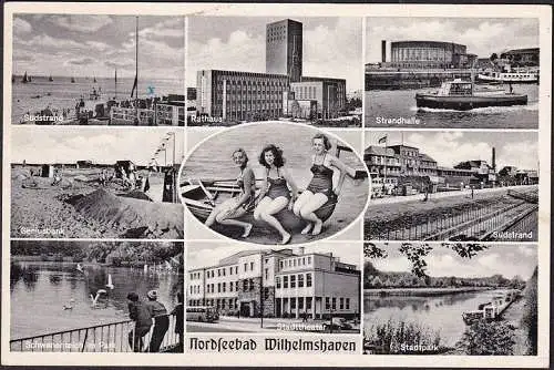 AK Wilhelmshaven, Rathaus, Strandhalle, Geniusbank, Stadttheater, gelaufen 1957