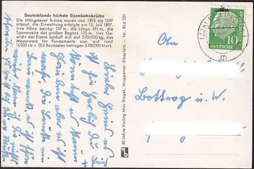 AK Solingen, Müngstener Brücke, Eisenbahn, gelaufen 1957