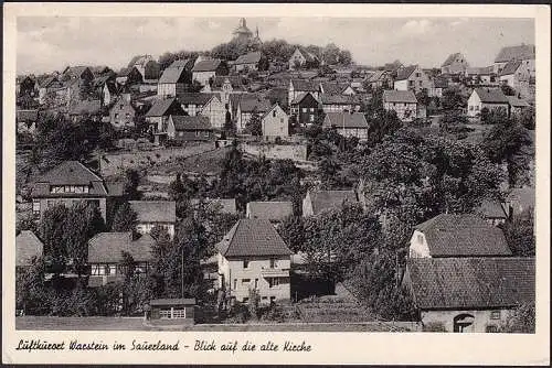 AK Warstein, Stadtansicht, Alte Kirche, Bahnpost, gelaufen 1952