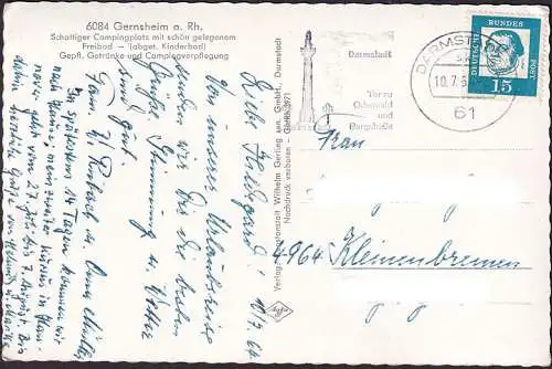 AK Gernsheim, Campingplatz, Kiesloch, gelaufen 1964
