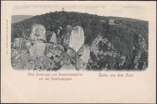 AK Gruss aus dem Harz, Hotel Rosstrappe und Bismarckmedaillon von den Homburgklippen, ungelaufen