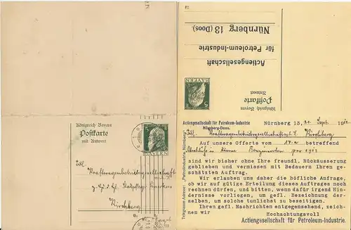 Bayern 1912, gebr. 5 Pf. Doppel Ganzsache m. Petroleum Firmenzudruck. #1290
