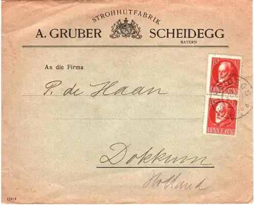 Bayern 1915, Paar 10 Pf. auf Auslands Firmen Brief v. Scheidegg n. NL. #2312