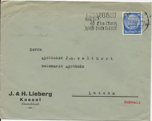 DR 1938, 25 Pf. m. perfins Firmenlochung auf Brief v. Kassel i.d. Schweiz. #1501